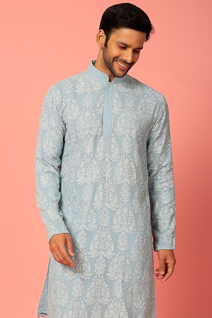 Sky Blue Embroidered Kurta Set by Darzi House at Pernia's Pop Up Shop
