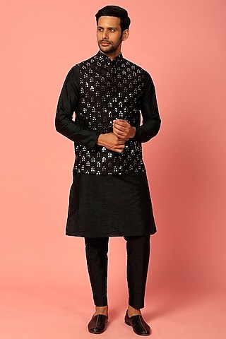 Black Silk & Raw Silk Embroidered Nehru Jacket Set by Darzi House
