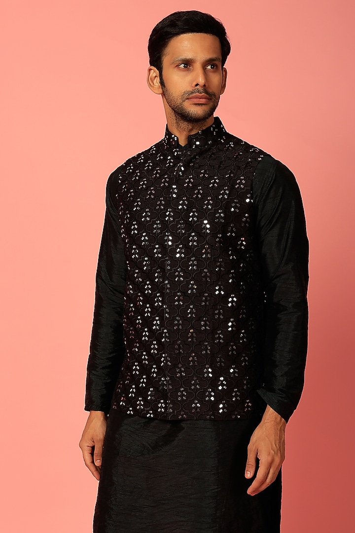 Black Silk & Raw Silk Embroidered Nehru Jacket Set by Darzi House at Pernia's Pop Up Shop