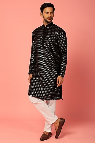 Black Kurta Set With Embroidery by Darzi House