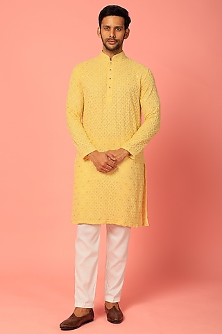 Yellow Kurta Set With Embroidery by Darzi House