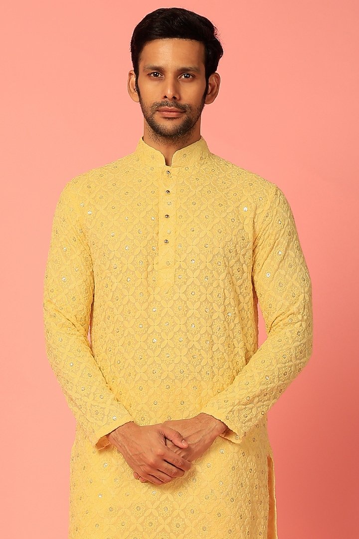 Yellow Kurta Set With Embroidery by Darzi House at Pernia's Pop Up Shop