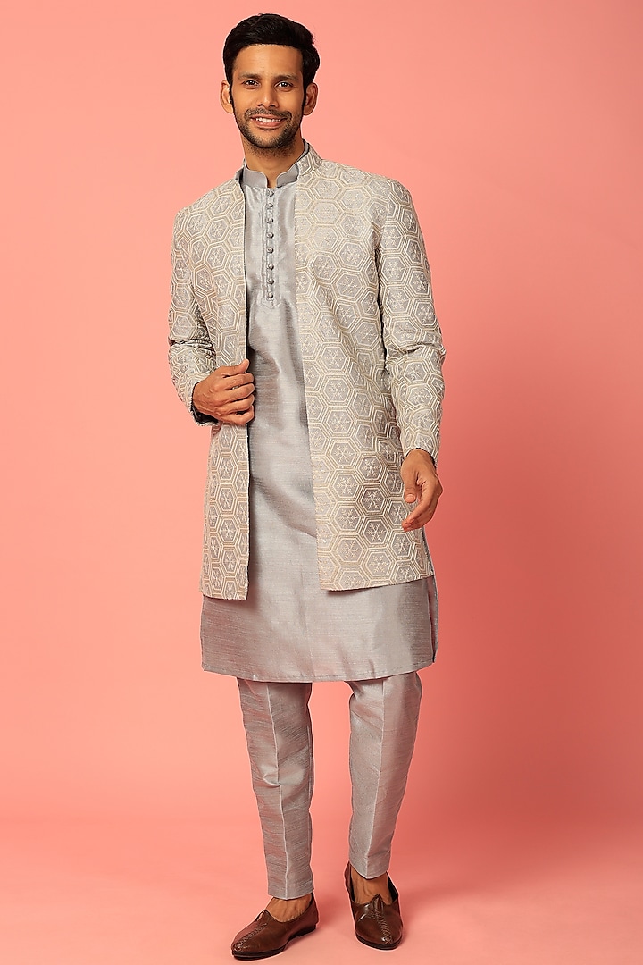 Grey Embroidered Indowestern Set by Darzi House