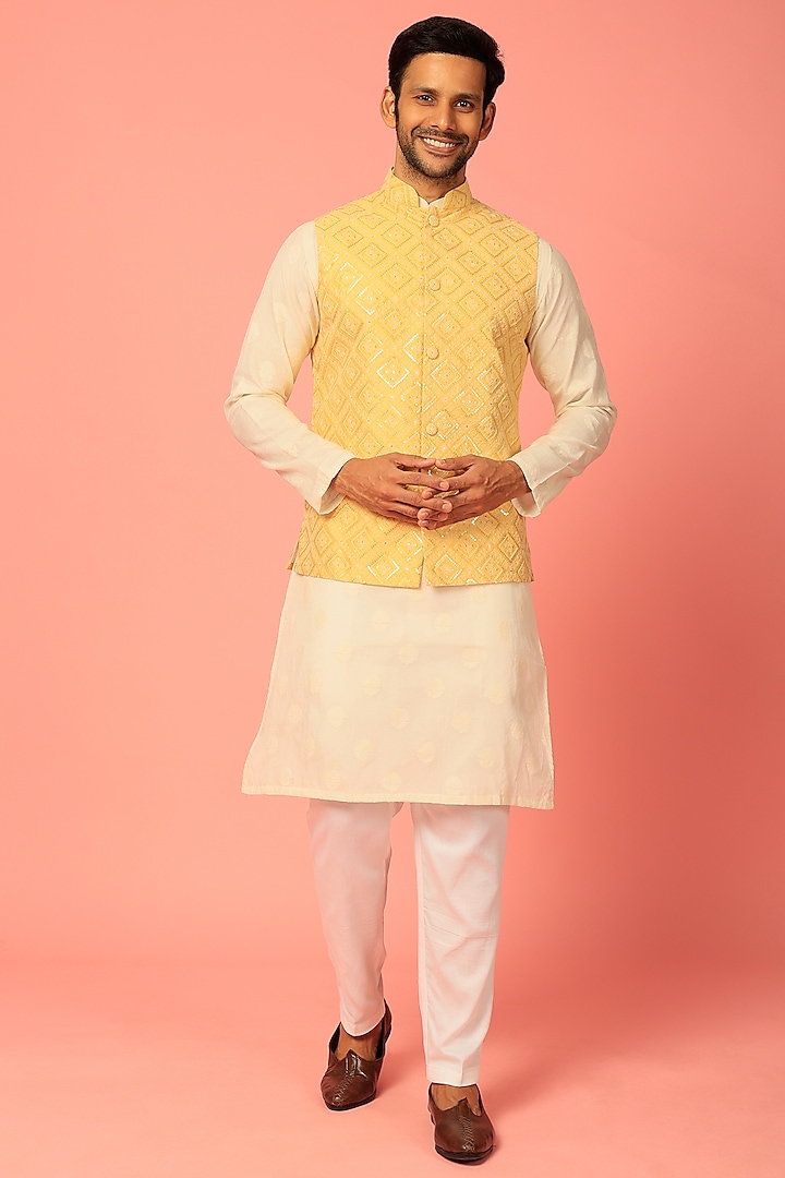 Yellow Embroidered Nehru Jacket by Darzi House