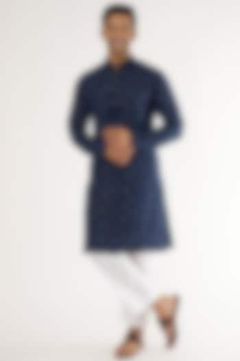 Navy Blue Georgette Thread Embroidered Kurta Set by Darzi House