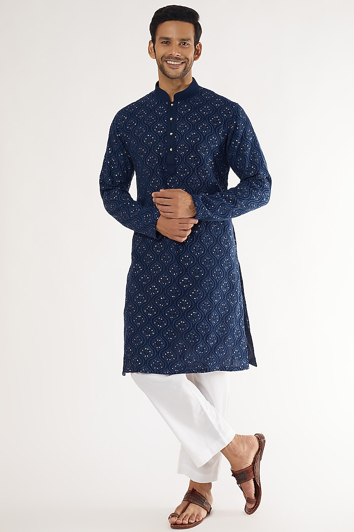 Navy Blue Georgette Thread Embroidered Kurta Set by Darzi House