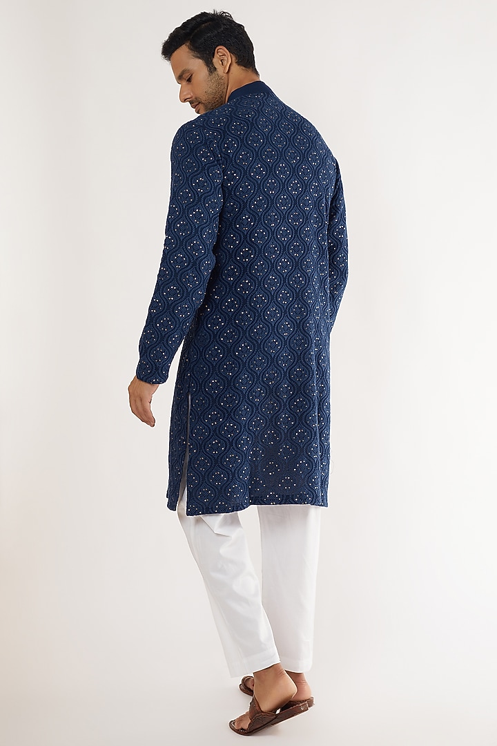 Navy Blue Georgette Thread Embroidered Kurta Set by Darzi House at Pernia's Pop Up Shop