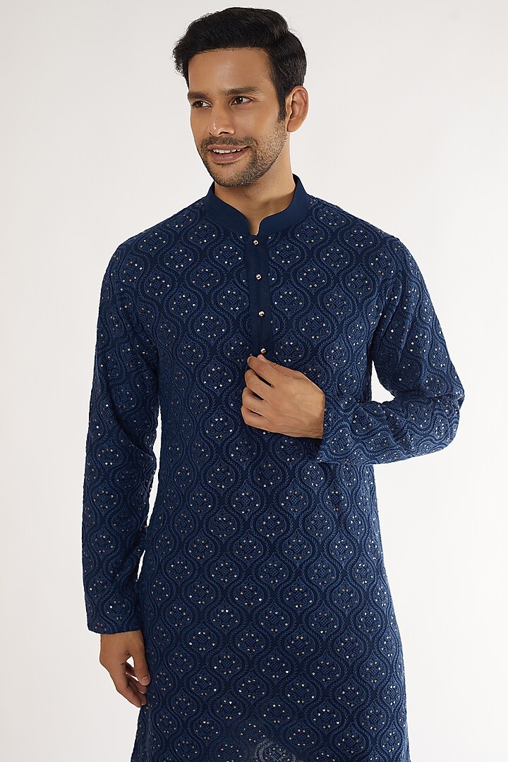 Navy Blue Georgette Thread Embroidered Kurta Set by Darzi House at Pernia's Pop Up Shop