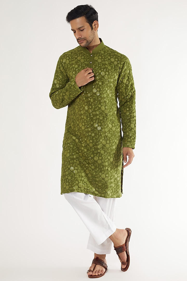 Green Georgette Sequins Embroidered Kurta Set by Darzi House at Pernia's Pop Up Shop