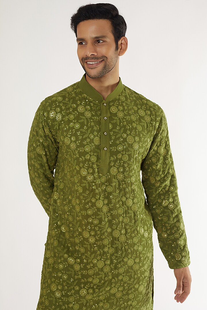 Green Georgette Sequins Embroidered Kurta Set by Darzi House at Pernia's Pop Up Shop