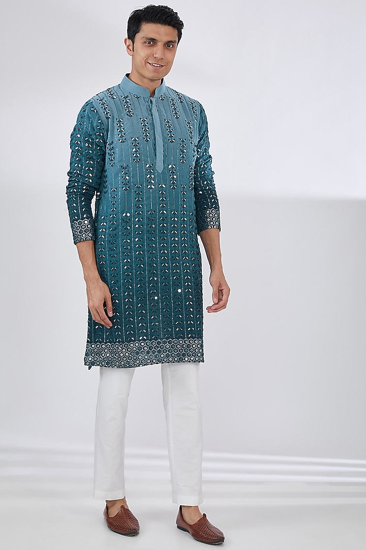 Blue Ombre Georgette Sequins Embroidered Kurta Set by Darzi House