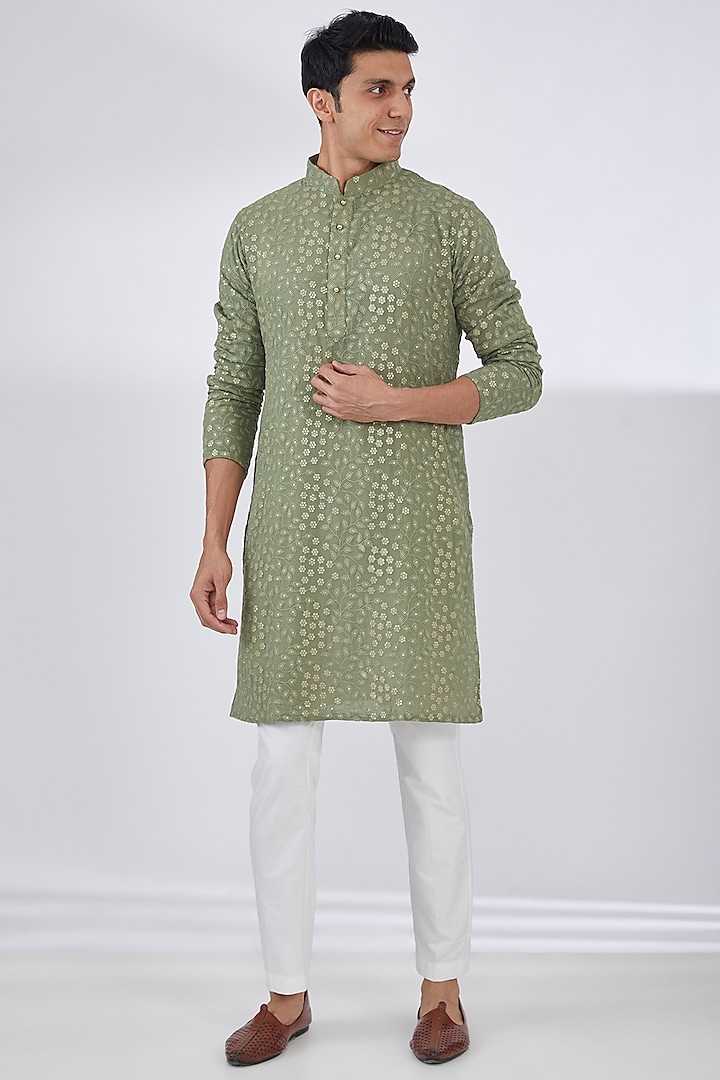 Sage Green Georgette Chikankari Embroidered Kurta Set by Darzi House