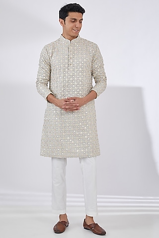 Grey Georgette Chikankari Embroidered Kurta Set by Darzi House
