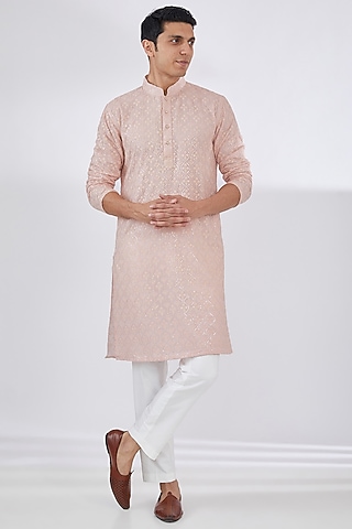 Blush Pink Georgette Chikankari Embroidered Kurta Set by Darzi House