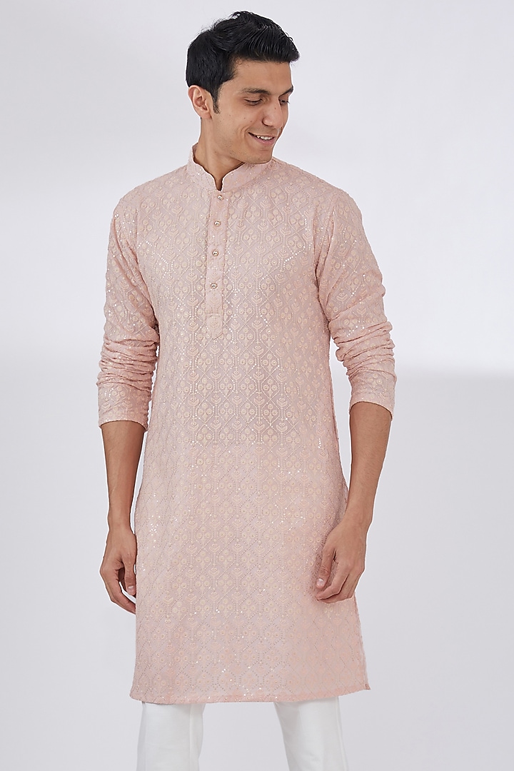 Blush Pink Georgette Chikankari Embroidered Kurta Set by Darzi House at Pernia's Pop Up Shop