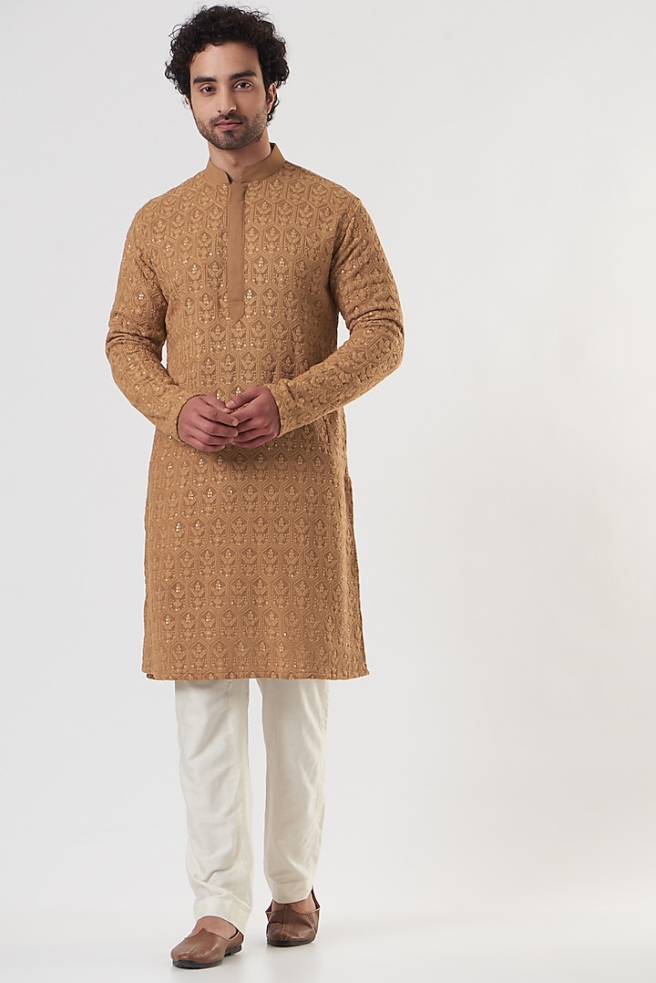 Rust-Colored Embroidered Kurta Set by Darzi House