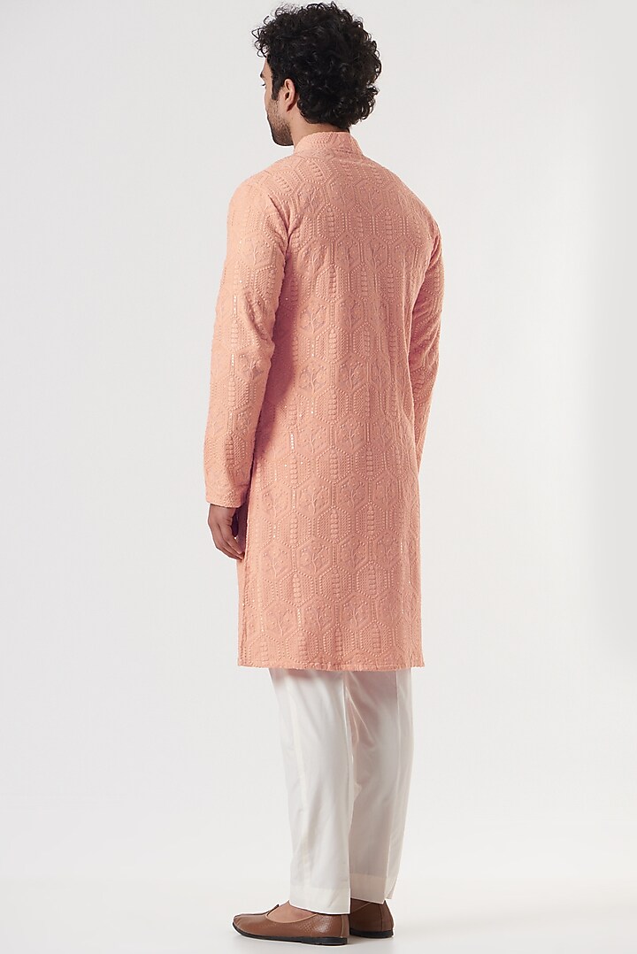 Peach Georgette Thread & Sequin Embroidered Kurta Set by Darzi House at Pernia's Pop Up Shop