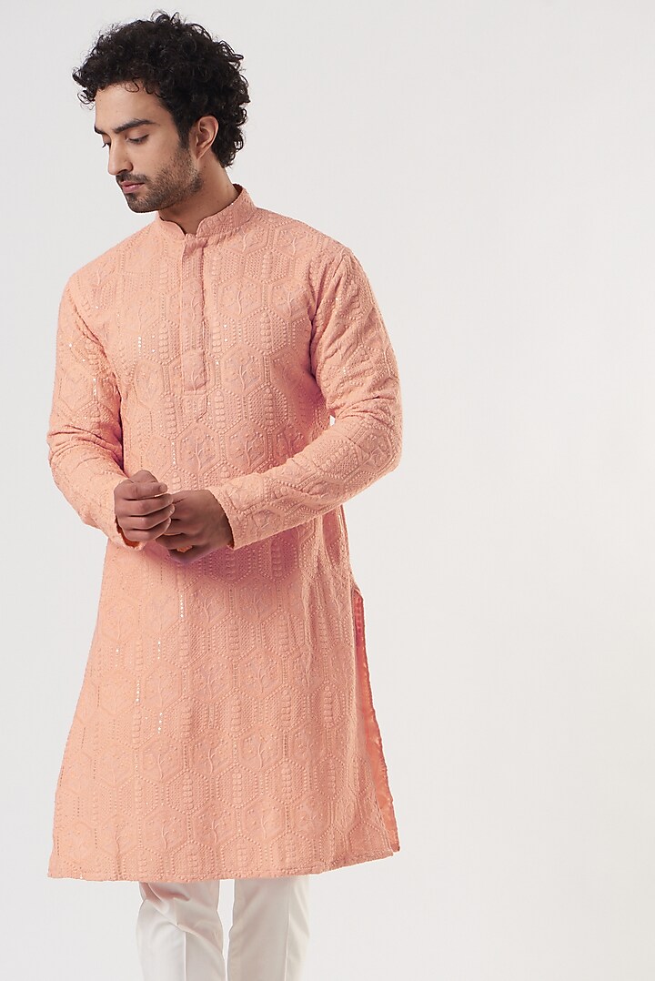 Peach Georgette Thread & Sequin Embroidered Kurta Set by Darzi House at Pernia's Pop Up Shop