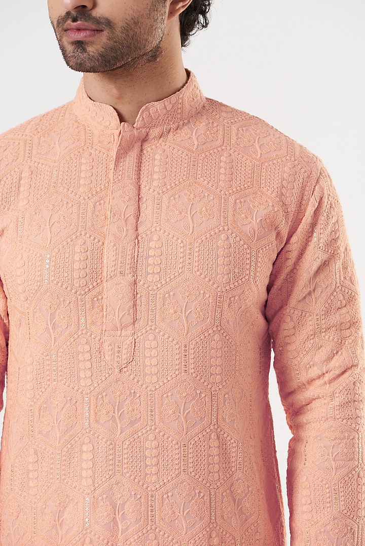 Peach Georgette Thread & Sequin Embroidered Kurta Set by Darzi House at Pernia's Pop Up Shop
