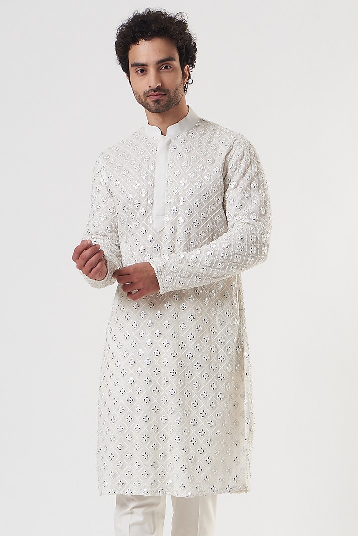 White Georgette Mirror Embroidered Kurta Set by Darzi House at Pernia's Pop Up Shop