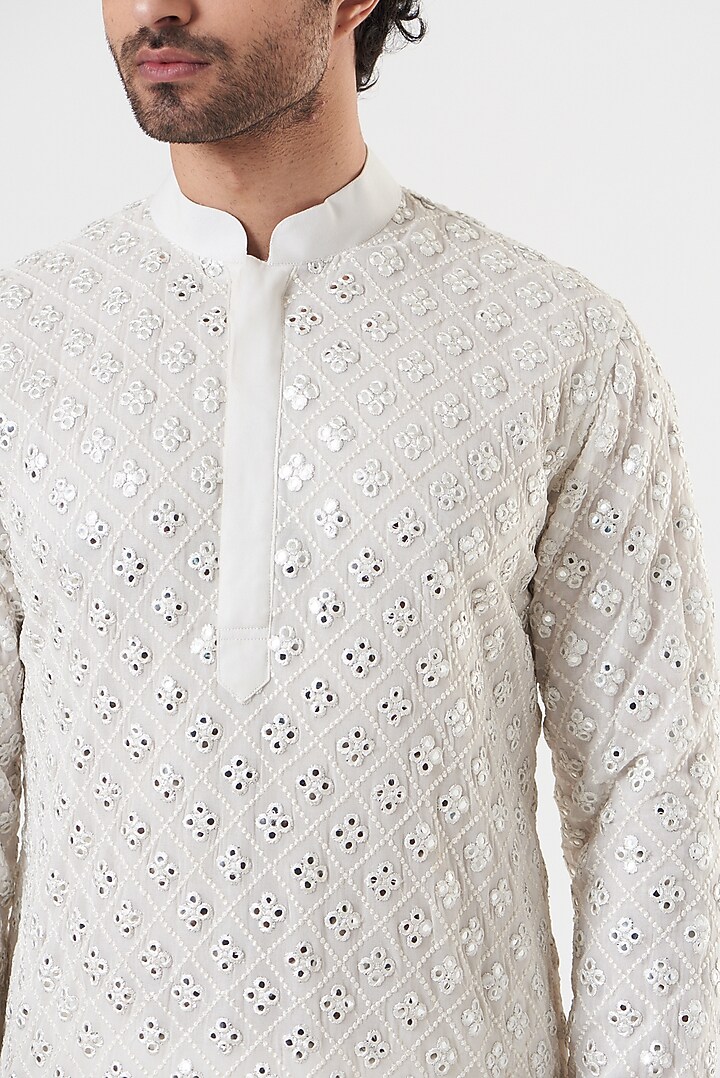 White Georgette Mirror Embroidered Kurta Set by Darzi House at Pernia's Pop Up Shop