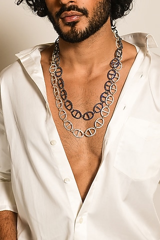 White Rhodium Finish CZ Diamonds Enamelled Oval Chain Necklace by DASHIA