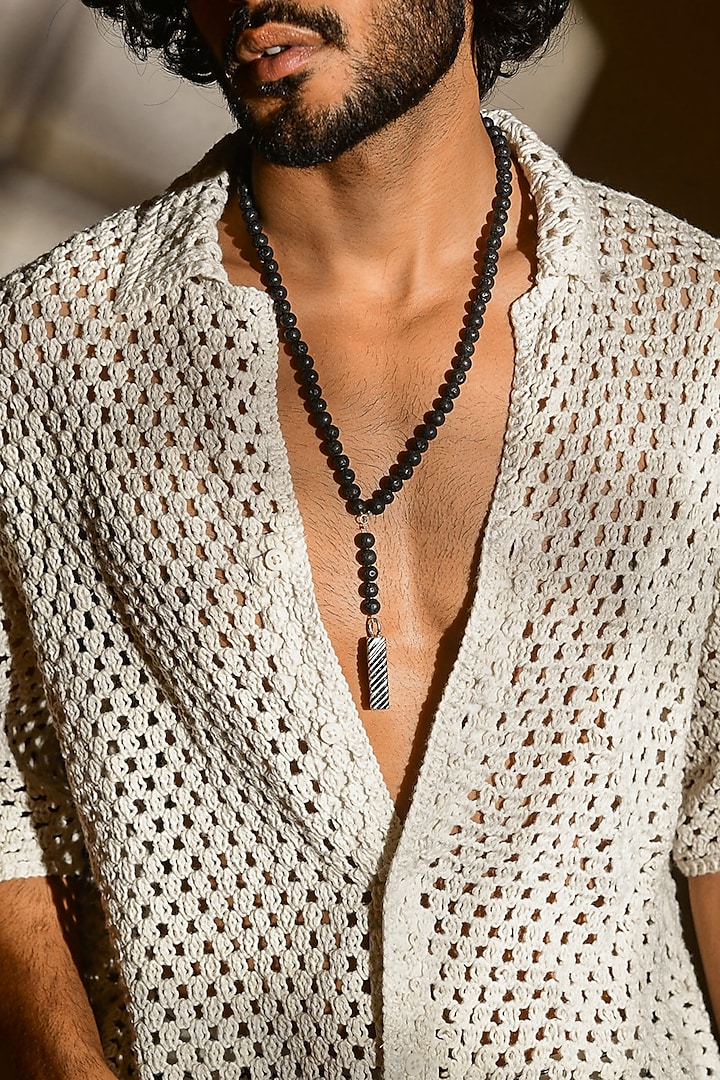 White Rhodium Finish Black Lava Gemstone Beaded Enamelled Chain Necklace by DASHIA