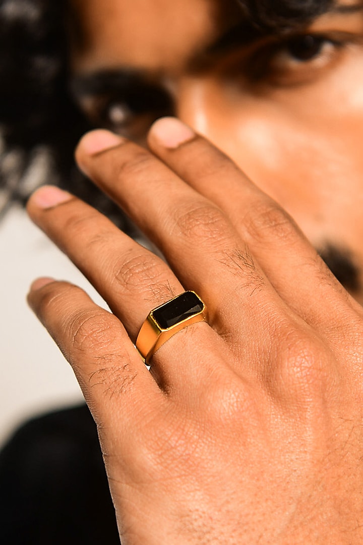 Gold Plated Black Onyx Gemstone Enamelled Ring by DASHIA