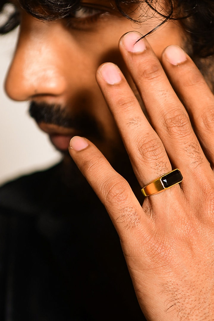 Gold Plated Black Onyx Gemstone Enamelled Ring by DASHIA at Pernia's Pop Up Shop