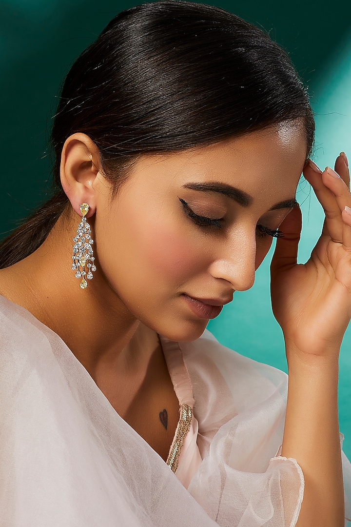 White Finish Swarovski Zirconia Chandelier Earrings In Sterling Silver by Diosa Paris Jewellery at Pernia's Pop Up Shop