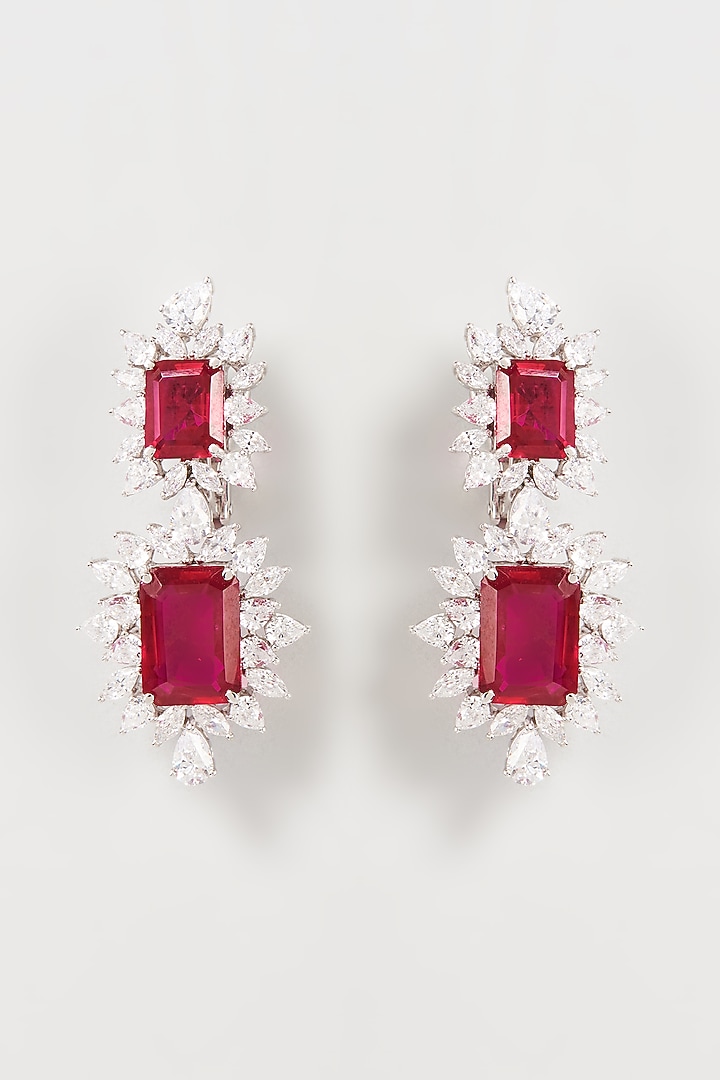 White Finish White & Red Swarovski Zirconia Chandelier Earrings In Sterling Silver by Diosa Paris Jewellery at Pernia's Pop Up Shop