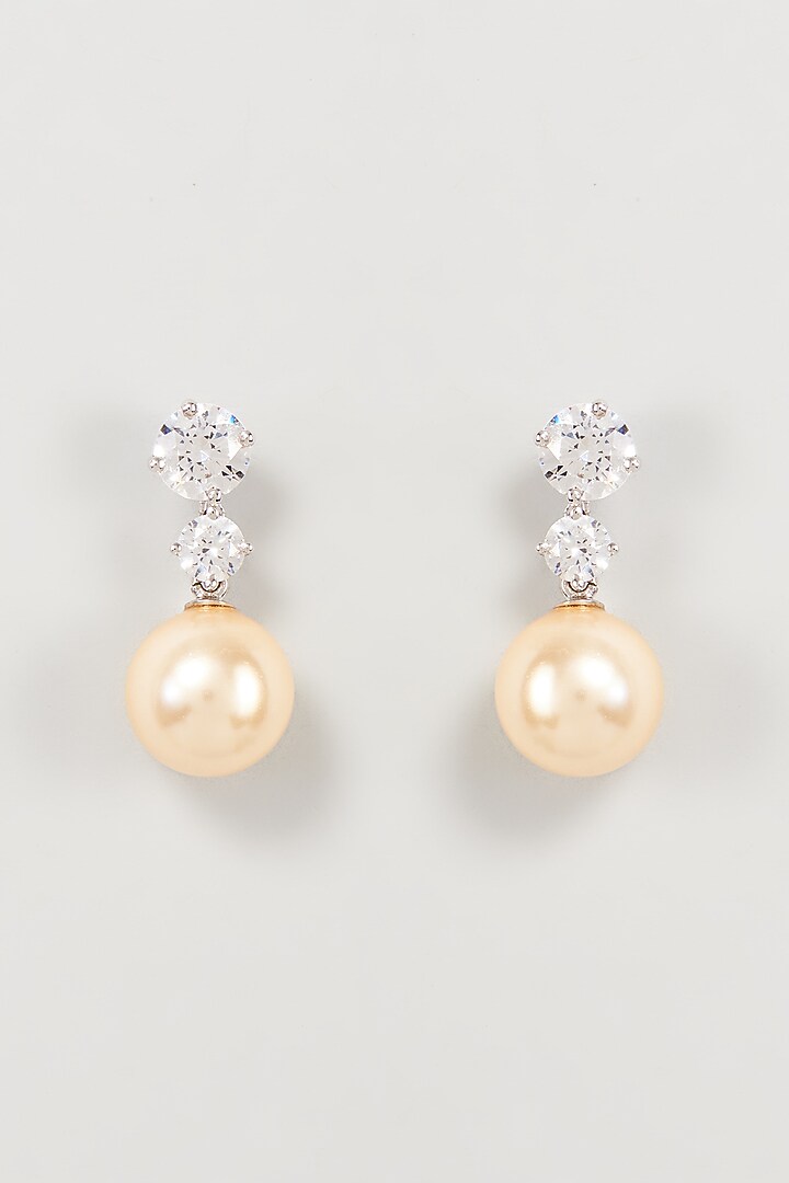 White Finish Swarovski Zirconia & Pearl Dangler Earrings In Sterling Silver by Diosa Paris Jewellery at Pernia's Pop Up Shop