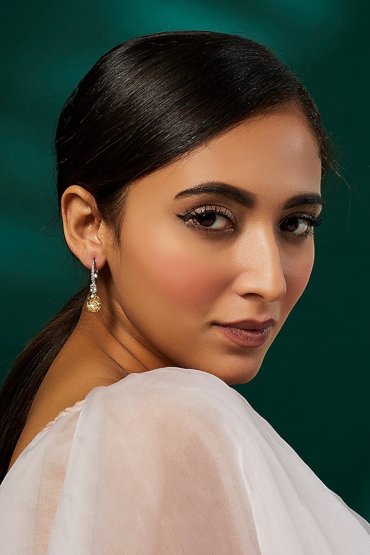White Finish White & Yellow Swarovski Zirconia Dangler Earrings In Sterling Silver by Diosa Paris Jewellery at Pernia's Pop Up Shop