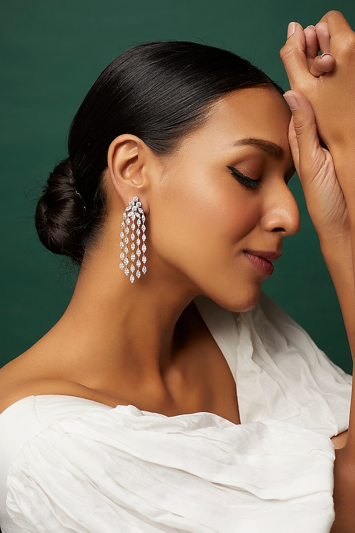 White Finish Swarovski Zirconia Dangler Earrings In Sterling Silver by Diosa Paris Jewellery at Pernia's Pop Up Shop