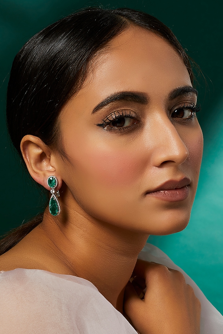 White Finish White & Green Swarovski Zirconia Dangler Earrings In Sterling Silver by Diosa Paris Jewellery at Pernia's Pop Up Shop