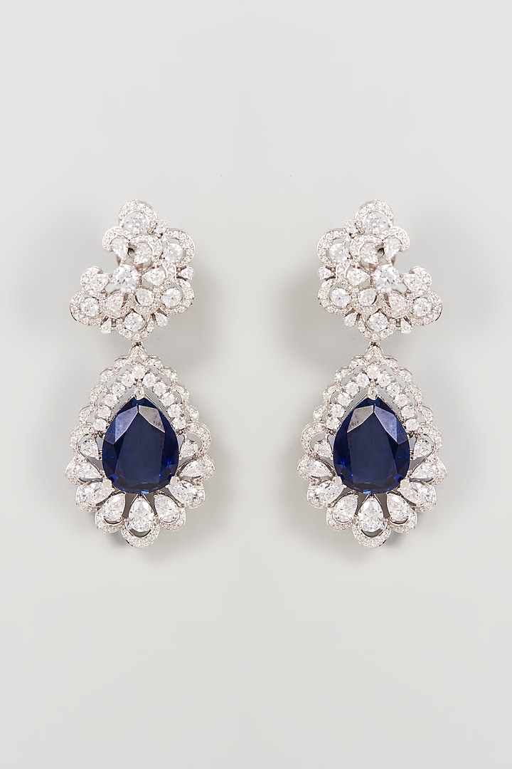 White Finish White & Blue Swarovski Zirconia Dangler Earrings In Sterling Silver by Diosa Paris Jewellery at Pernia's Pop Up Shop
