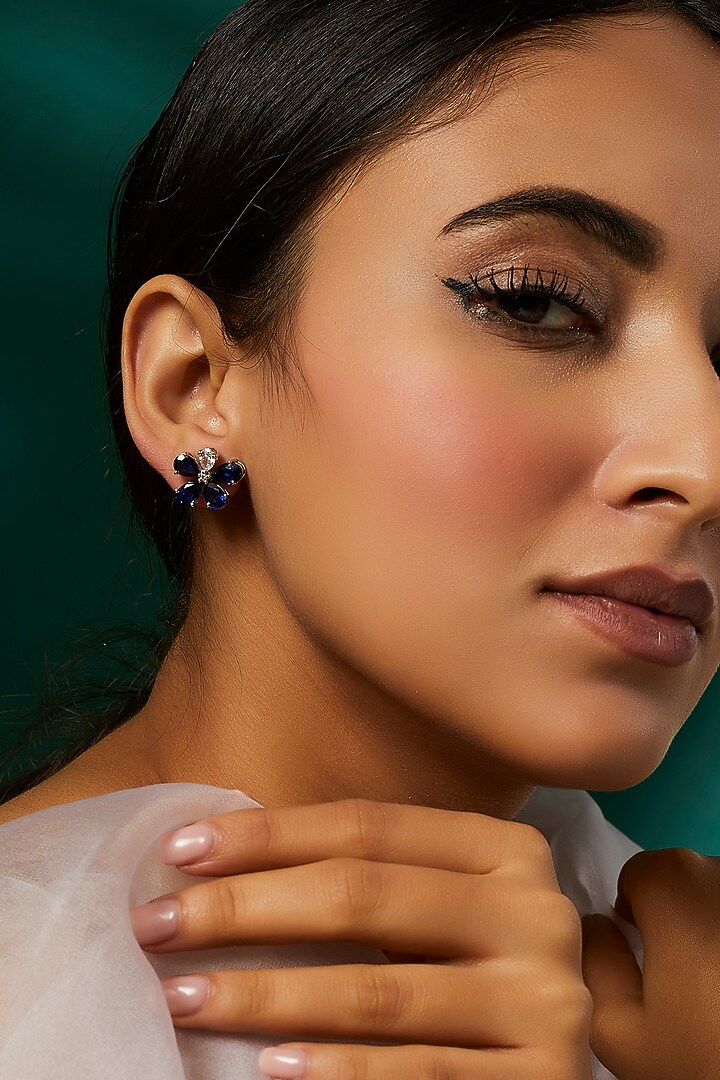 White Finish Blue & White Swarovski Zirconia Earrings In Sterling Silver by Diosa Paris Jewellery at Pernia's Pop Up Shop