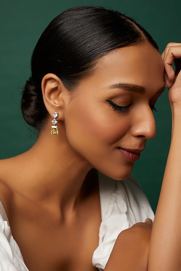 White Finish Yellow Swarovski Zirconia Dangler Earrings In Sterling Silver by Diosa Paris Jewellery at Pernia's Pop Up Shop