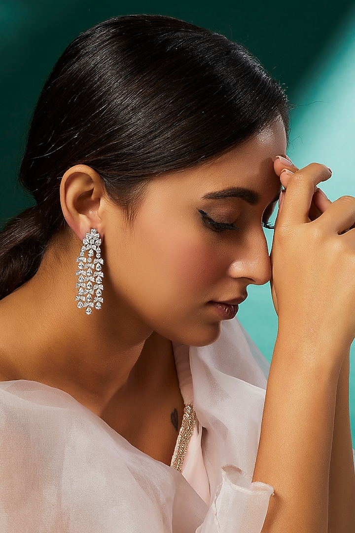 White Finish Swarovski Zirconia Chandelier Earrings In Sterling Silver by Diosa Paris Jewellery at Pernia's Pop Up Shop