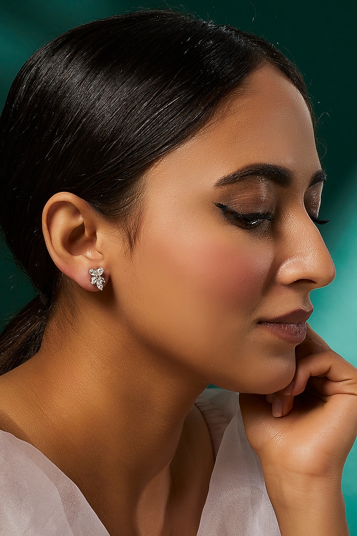 White Finish Swarovski Zirconia Stud Earrings In Sterling Silver by Diosa Paris Jewellery at Pernia's Pop Up Shop