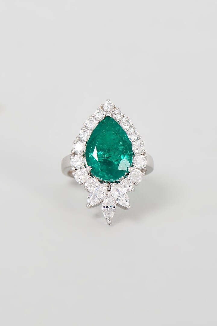 White Finish Synthetic Emerald Stone Ring In Sterling Silver by Diosa Paris Jewellery at Pernia's Pop Up Shop