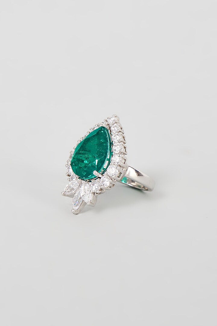 White Finish Synthetic Emerald Stone Ring In Sterling Silver by Diosa Paris Jewellery at Pernia's Pop Up Shop