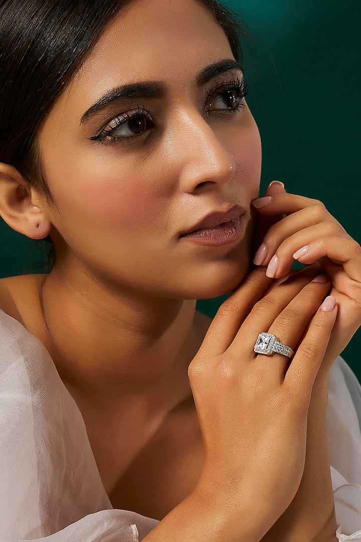 White Finish Swarovski Zirconia Ring In Sterling Silver by Diosa Paris Jewellery at Pernia's Pop Up Shop