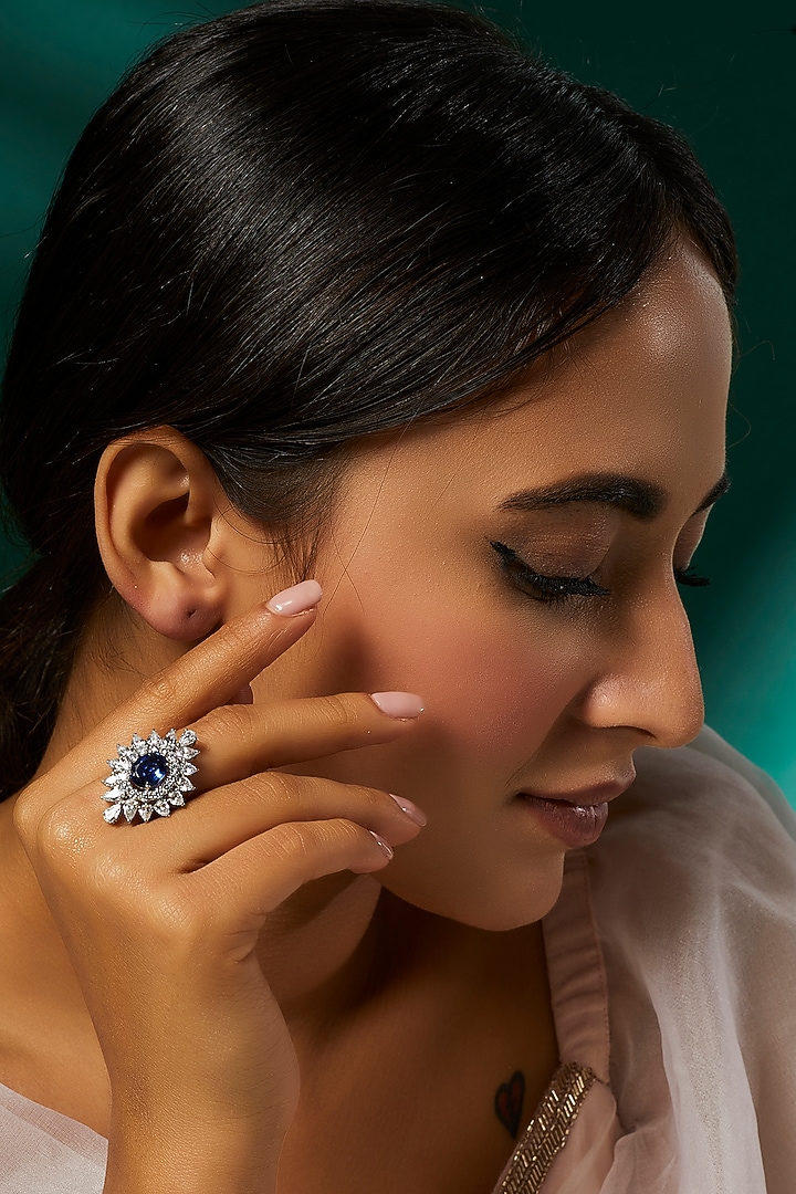 White Finish Synthetic Sapphire Stone Ring In Sterling Silver by Diosa Paris Jewellery at Pernia's Pop Up Shop