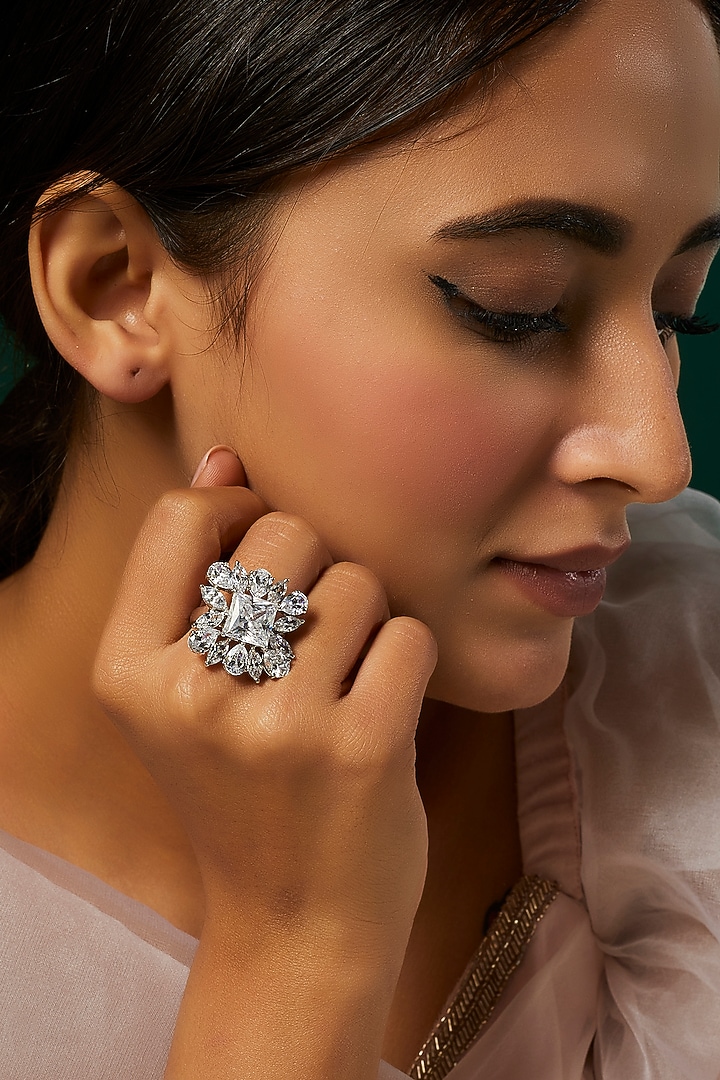 White Finish Swarovski Zirconia Ring In Sterling Silver by Diosa Paris Jewellery at Pernia's Pop Up Shop