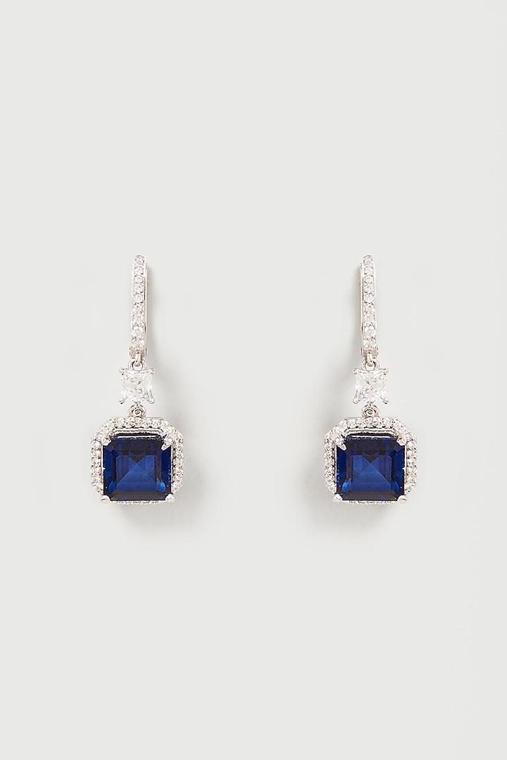 White Finish White & Blue Swarovski Zirconia Dangler Earrings In Sterling Silver by Diosa Paris Jewellery at Pernia's Pop Up Shop