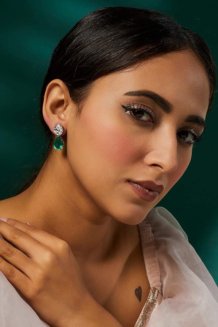 White Finish White & Green Swarovski Zirconia Dangler Earrings In Sterling Silver by Diosa Paris Jewellery at Pernia's Pop Up Shop