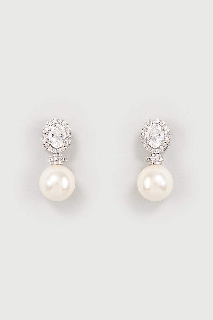 White Finish Swarovski Zirconia & Pearl Dangler Earrings In Sterling Silver by Diosa Paris Jewellery at Pernia's Pop Up Shop