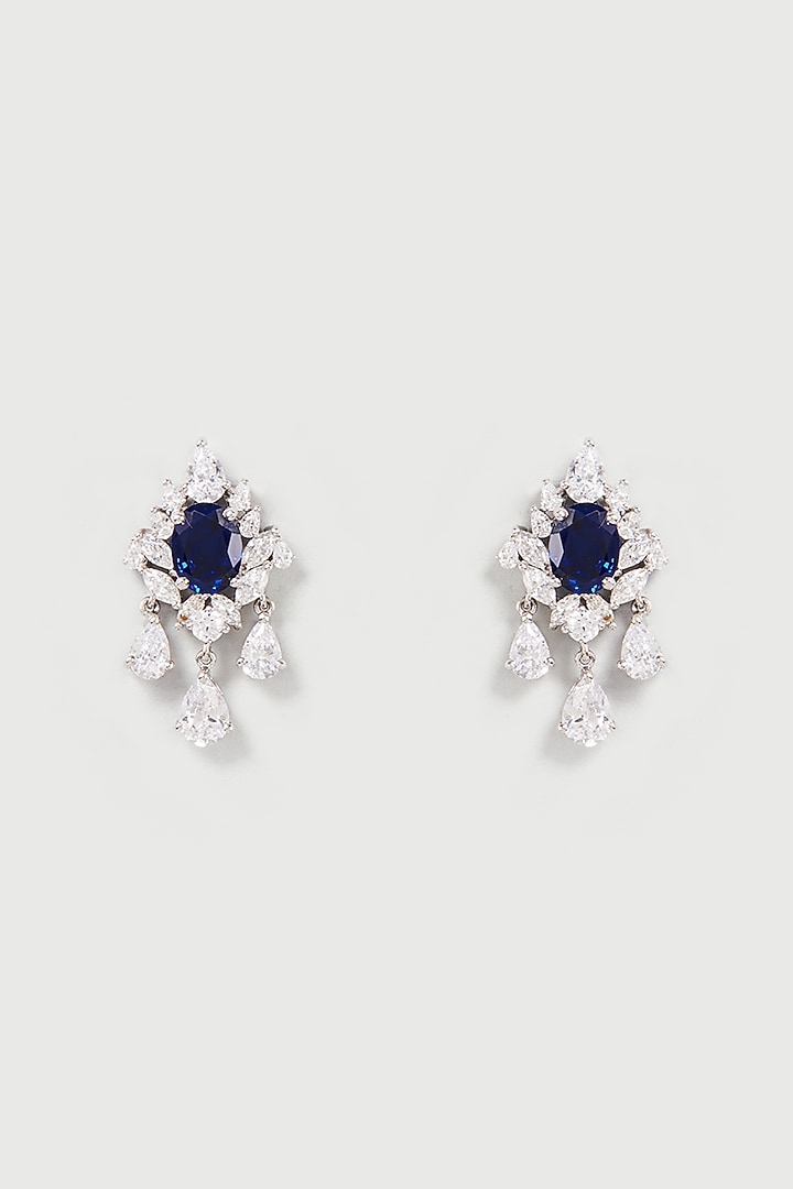 White Finish White & Blue Swarovski Zirconia Dangler Earrings In Sterling Silver by Diosa Paris Jewellery at Pernia's Pop Up Shop