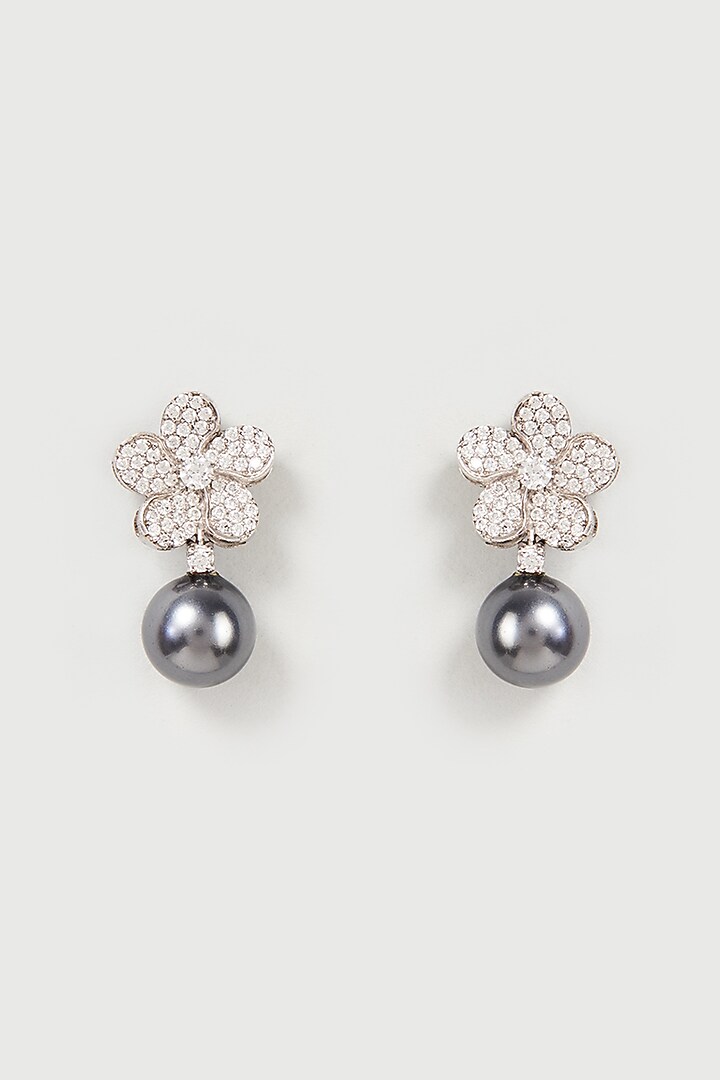 White Finish Swarovski Zirconia & Black Pearl Dangler Earrings In Sterling Silver by Diosa Paris Jewellery at Pernia's Pop Up Shop